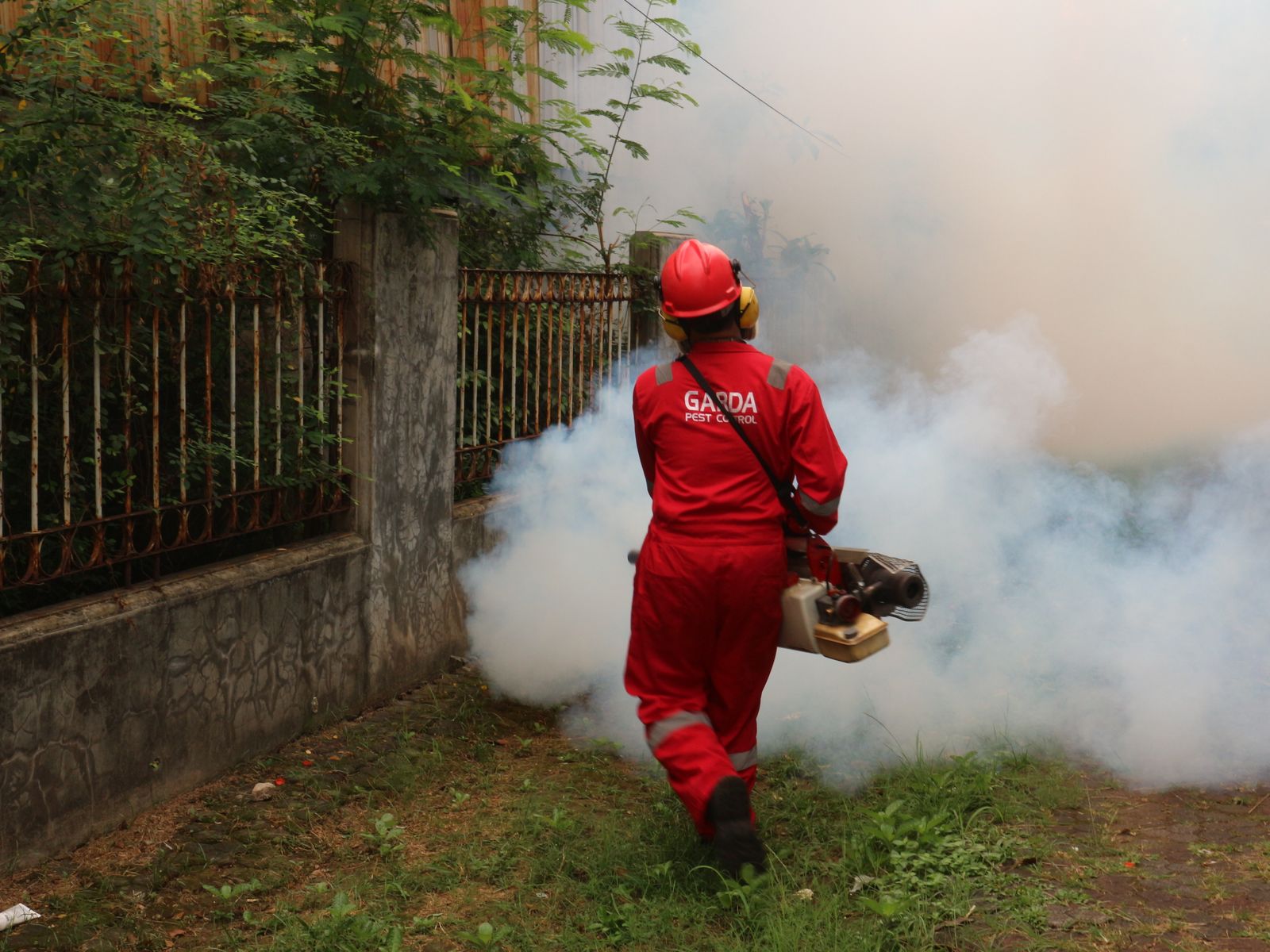 Pest control technician in coveralls and a hard hat walking through a fogging spray cloud in a yard