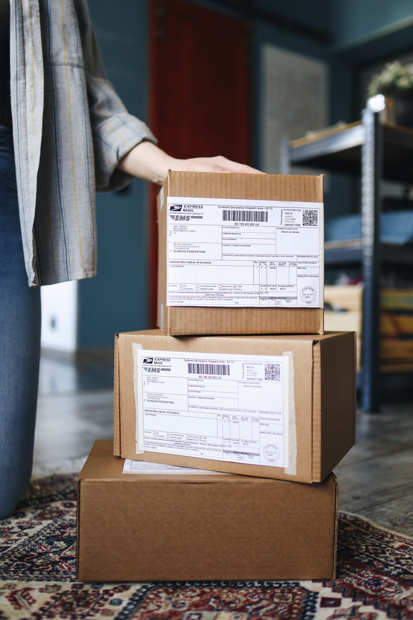 Stacked shipping boxes packed and ready for delivery