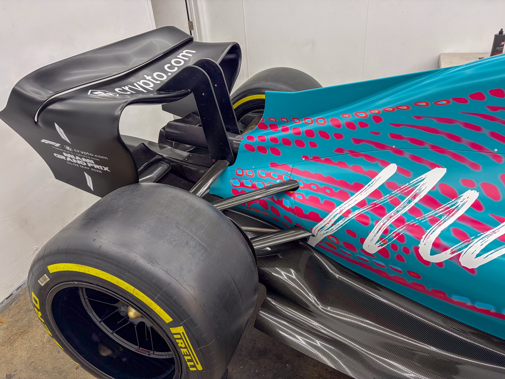 Rear wing detail showing official Formula 1, crypto.com, and Miami Grand Prix branding