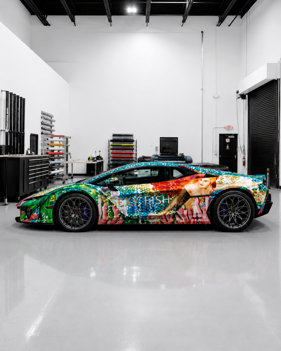 Lamborghini Temerario before and after the Sexy Fish art wrap