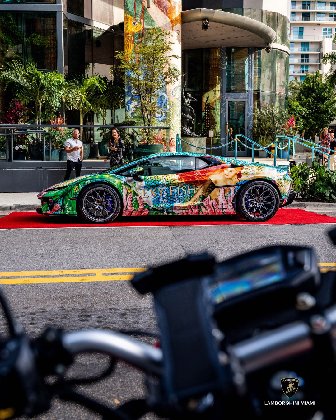 Sexy Fish Lamborghini parked outside the Sexy Fish restaurant in Brickell